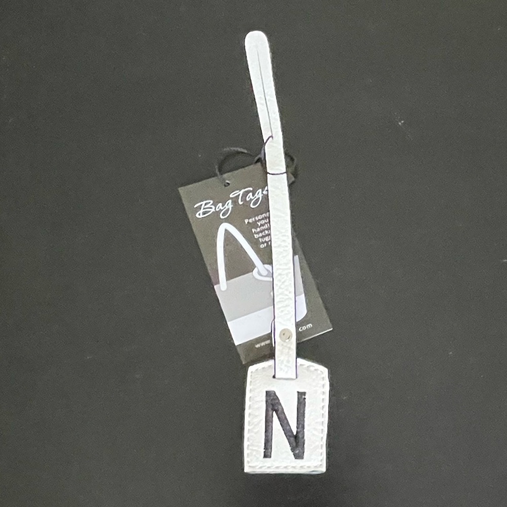 NWT “K•Carroll” Bag Tag,  Monogram Letter "N" White Bag Tag with "Black" Letter